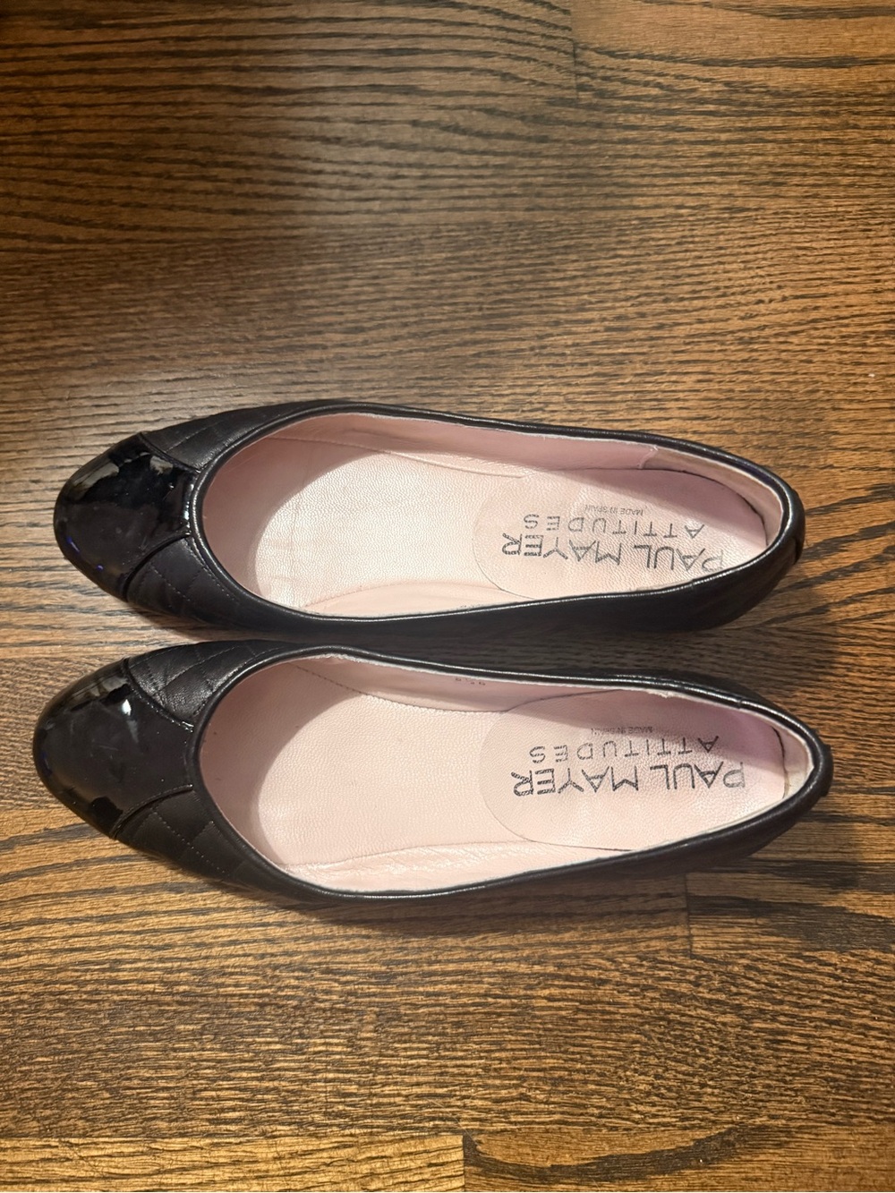 Paul Mayer Black Patent Leather Ballet Flats with Pink Insole